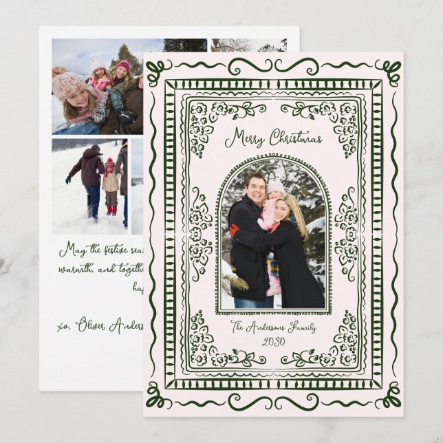 Whimsical Illustrative Christmas Five Photo Holiday Card (Front/Back)