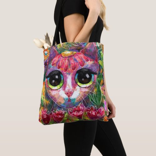 Whimsical Impressionistic Big Eyed Cat in Flowers Tote Bag