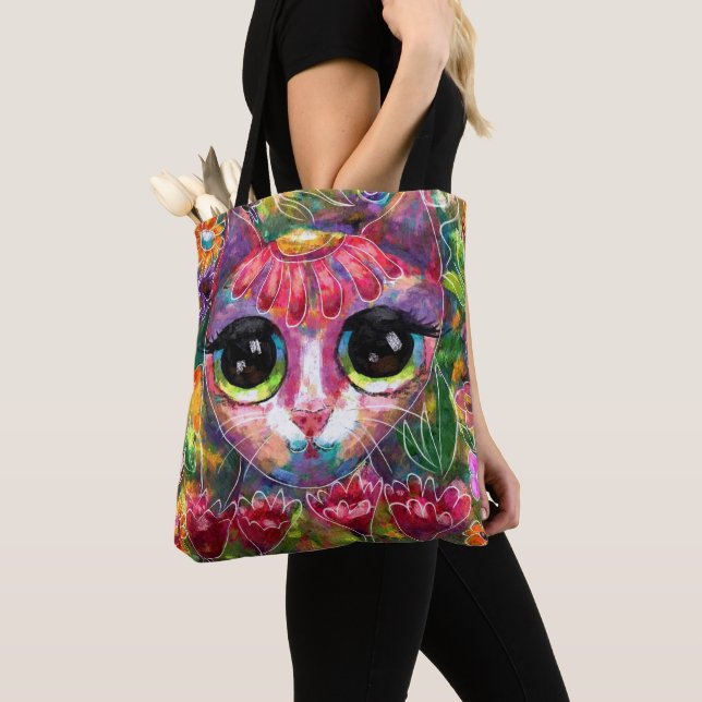 Whimsical Impressionistic Big Eyed Cat in Flowers Tote Bag (Close Up)