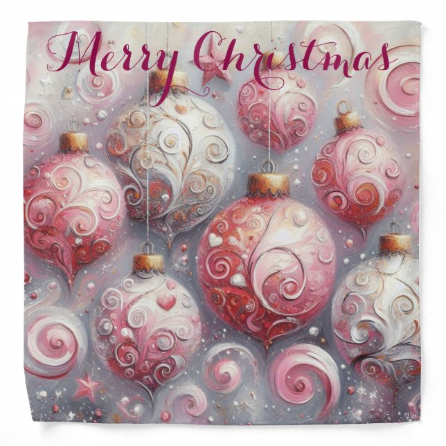 Whimsical Impressionistic Christmas Ornaments Pink Bandana (Front)