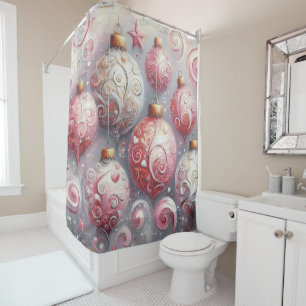Whimsical Impressionistic Christmas Ornaments Pink Shower Curtain