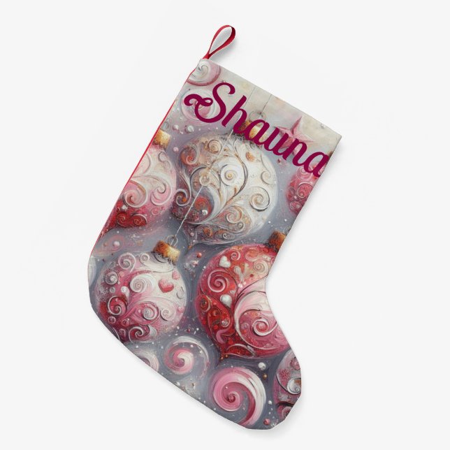 Whimsical Impressionistic Christmas Ornaments Pink Small Christmas Stocking (Front (Hanging))