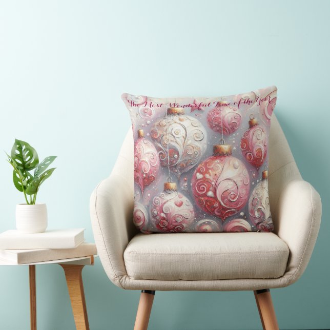 Whimsical Impressionistic Christmas Ornaments Pink Throw Pillow (Chair)