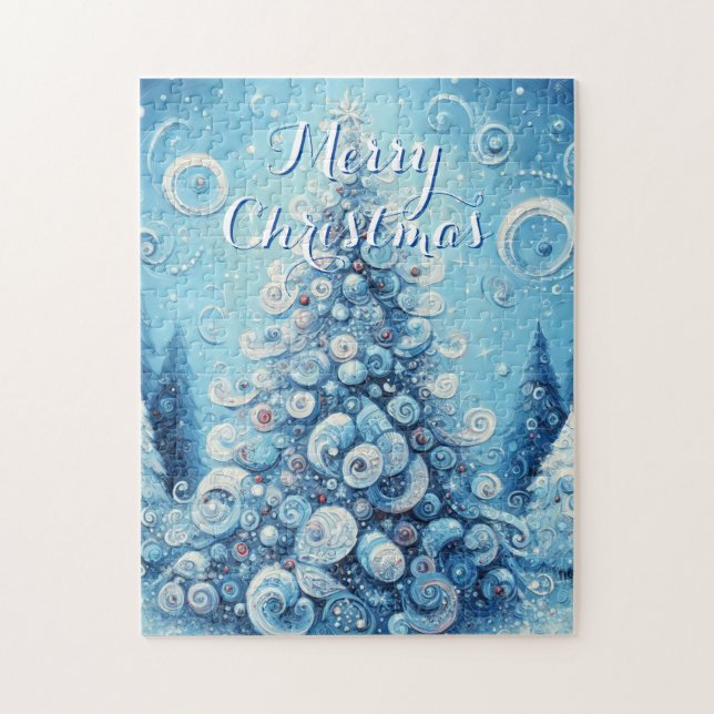 Whimsical Impressionistic Christmas Tree Blue Jigsaw Puzzle (Vertical)