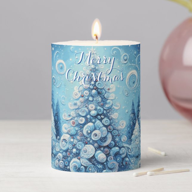 Whimsical Impressionistic Christmas Tree Blue Pillar Candle (In Situ)