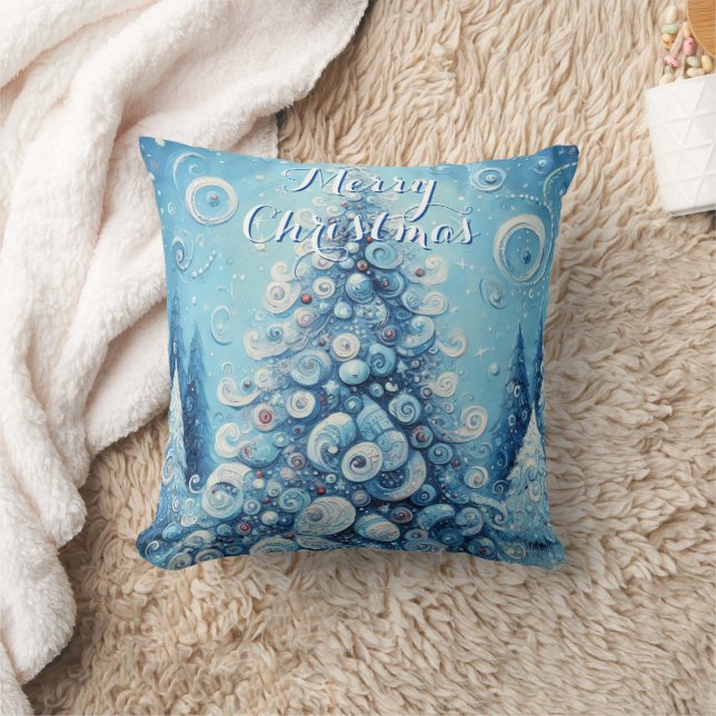 Whimsical Impressionistic Christmas Tree Blue Throw Pillow (Blanket)
