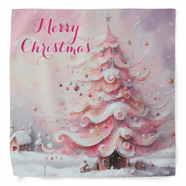 Whimsical Impressionistic Christmas Tree Pink Bandana (Front)