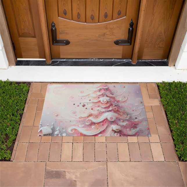 Whimsical Impressionistic Christmas Tree Pink Doormat (Outdoor)