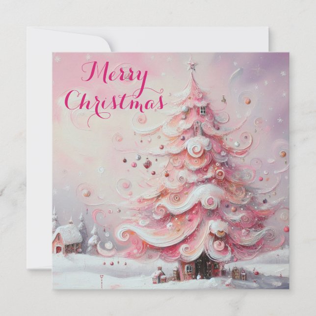 Whimsical Impressionistic Christmas Tree Pink Holiday Card (Front)
