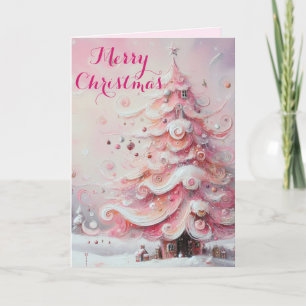 Whimsical Impressionistic Christmas Tree Pink Holiday Card