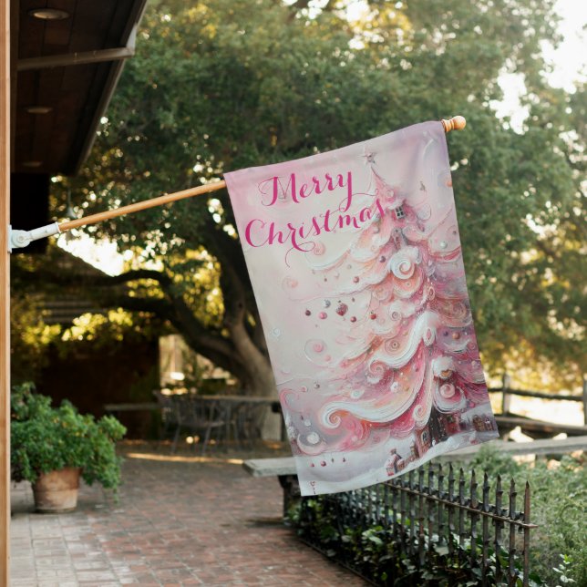 Whimsical Impressionistic Christmas Tree Pink House Flag (In SItu)