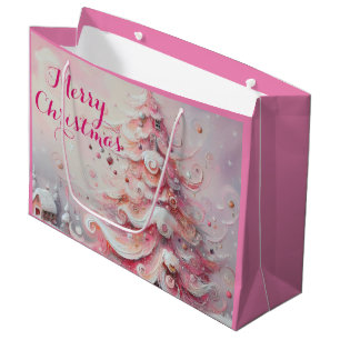 Whimsical Impressionistic Christmas Tree Pink Large Gift Bag