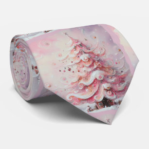 Whimsical Impressionistic Christmas Tree Pink Neck Tie