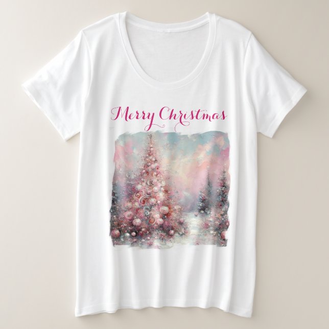 Whimsical Impressionistic Christmas Tree Pink Plus Size T-Shirt (Design Front)