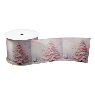 Whimsical Impressionistic Christmas Tree Pink Satin Ribbon