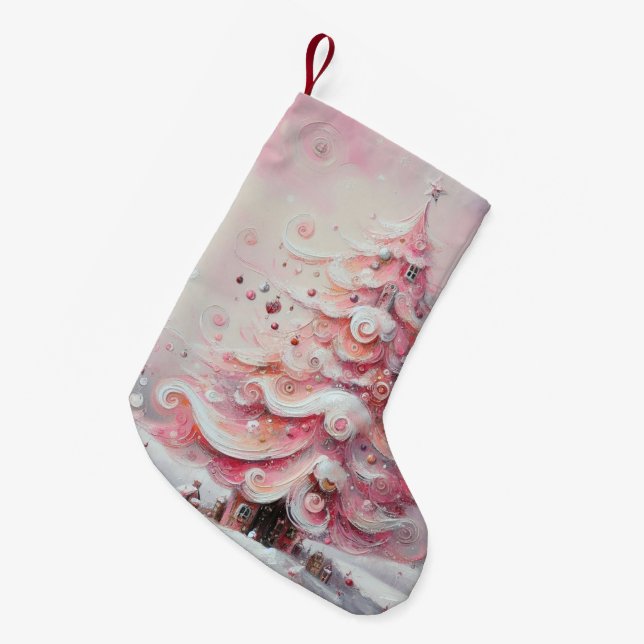 Whimsical Impressionistic Christmas Tree Pink Small Christmas Stocking (Front (Hanging))
