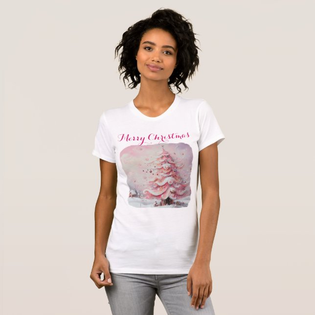 Whimsical Impressionistic Christmas Tree Pink T-Shirt (Front Full)