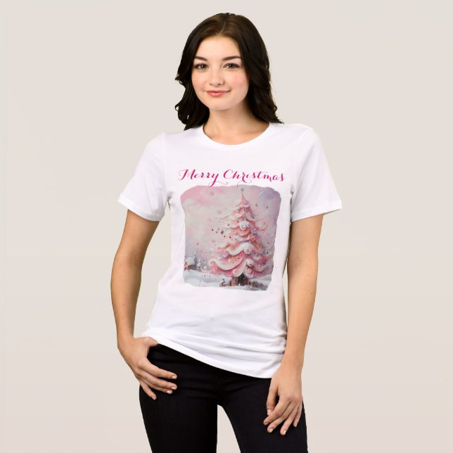 Whimsical Impressionistic Christmas Tree Pink Tri-Blend Shirt (Front Full)