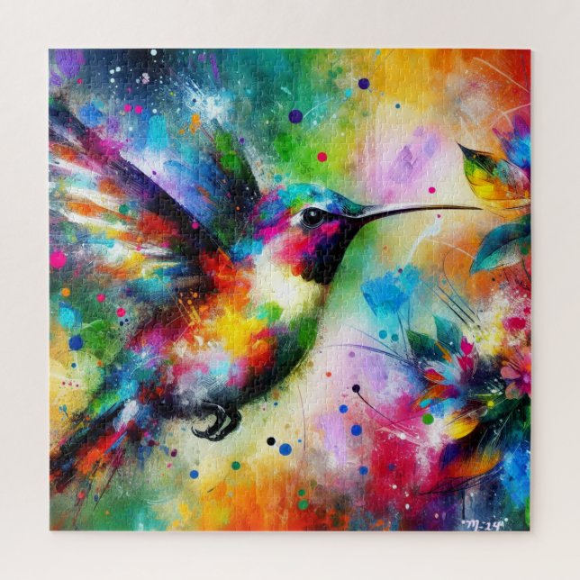 Whimsical Impressionistic Colorful Hummingbird Jigsaw Puzzle (Vertical)