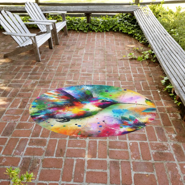Whimsical Impressionistic Colorful Hummingbird Outdoor Rug (Insitu (Outdoor 3))