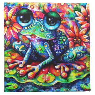 Whimsical Impressionistic Floral Frog Green Blue Cloth Napkin