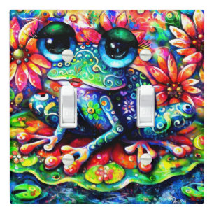 Whimsical Impressionistic Floral Frog Green Blue Light Switch Cover