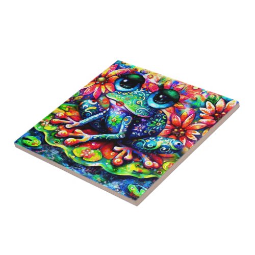 Whimsical Impressionistic Floral Frog Painting Ceramic Tile