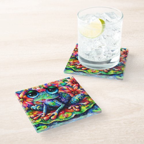 Whimsical Impressionistic Floral Frog Painting Glass Coaster