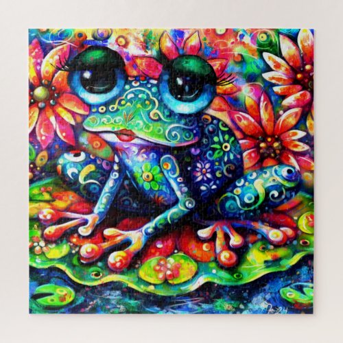 Whimsical Impressionistic Floral Frog Painting Jigsaw Puzzle