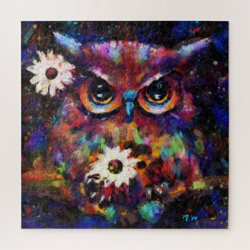 Whimsical Impressionistic Floral Owl Painting Jigsaw Puzzle