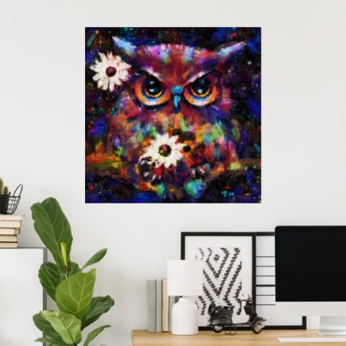 Whimsical Impressionistic Floral Owl Painting Poster