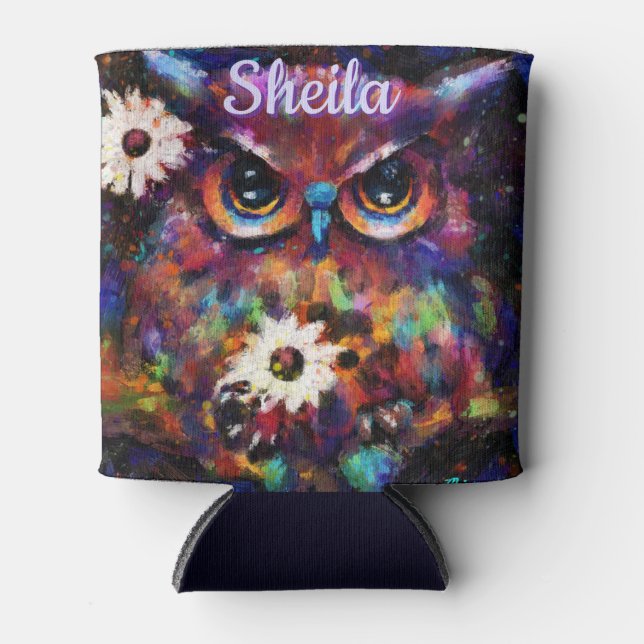 Whimsical Impressionistic Floral Owl Personalized Can Cooler (Front)