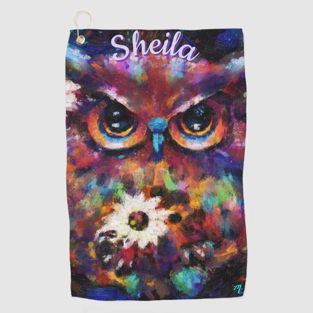 Whimsical Impressionistic Floral Owl Personalized Golf Towel (Front)