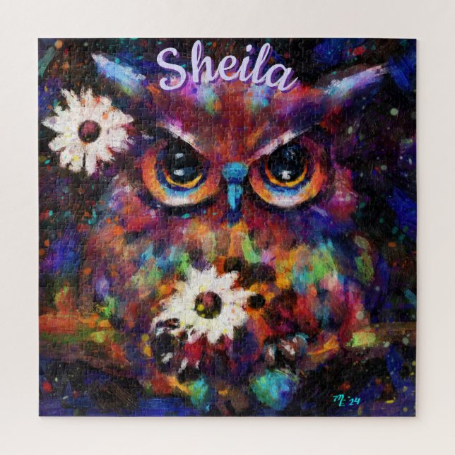 Whimsical Impressionistic Floral Owl Personalized Jigsaw Puzzle (Vertical)