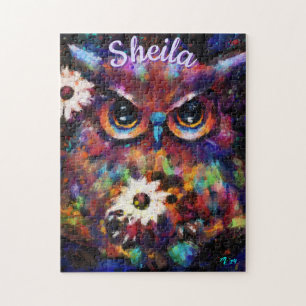 Whimsical Impressionistic Floral Owl Personalized Jigsaw Puzzle