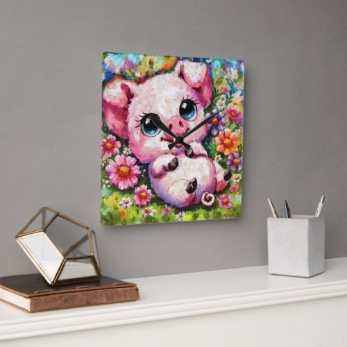 Whimsical Impressionistic Pig in Flowers Square Wall Clock