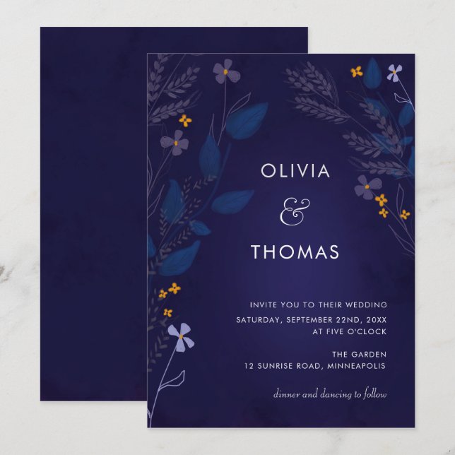 Whimsical Indigo Honey Illustration Flora Wedding Invitation (Front/Back)