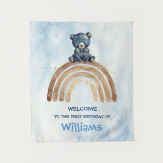 Whimsical Indigo Watercolor Bear Rainbow Tapestry