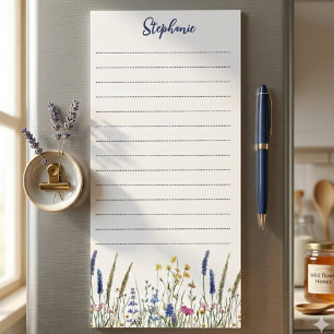 Whimsical Indigo Watercolor Wildflower Magnetic Notepad