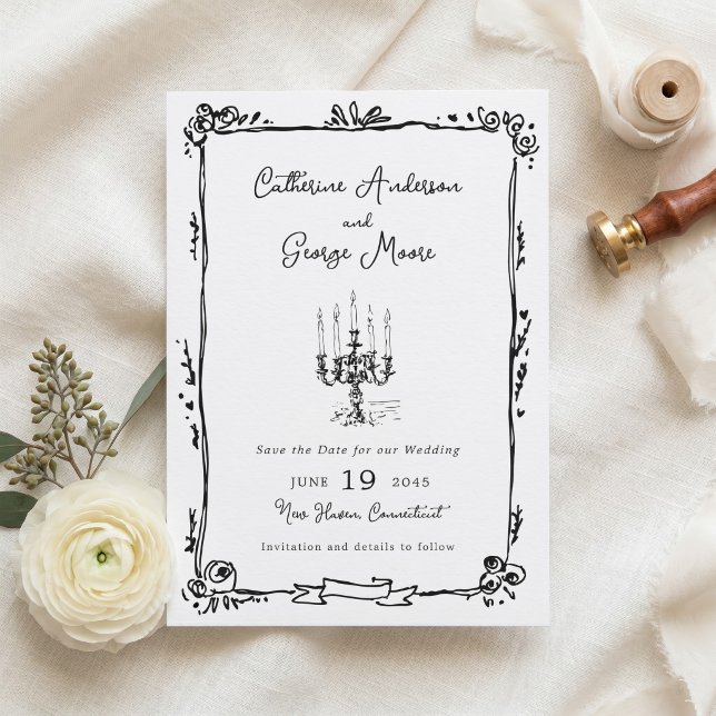 Whimsical Ink Hand Drawn Candelabra Wedding Save The Date (Creator Uploaded)
