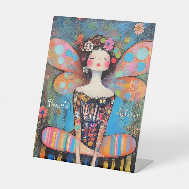 Whimsical Inspirational Fairy Doing Yoga Art Pedestal Sign (Front)