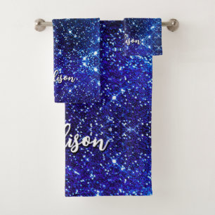 Whimsical iridescent blue Glitter monogram Bath Towel Set