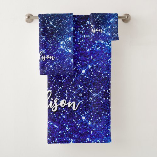 Whimsical iridescent blue Glitter monogram Bath Towel Set