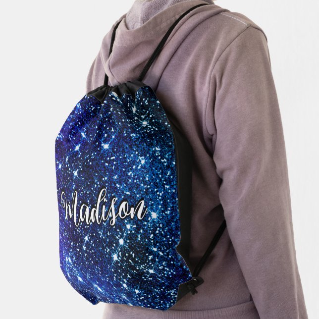 Whimsical iridescent blue Glitter monogram Drawstring Bag (Insitu)