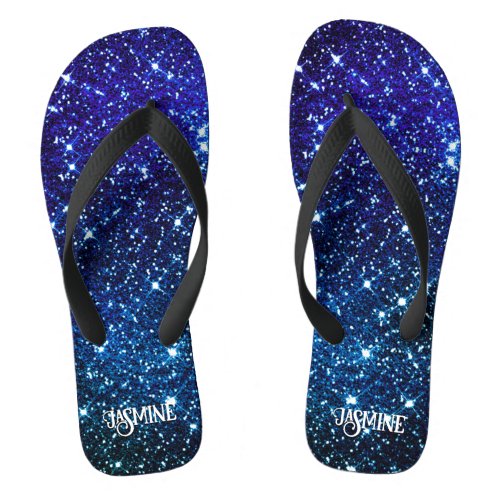 Whimsical iridescent blue Glitter monogram Flip Flops