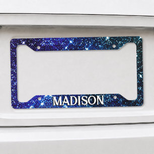 Whimsical iridescent blue Glitter monogram License Plate Frame
