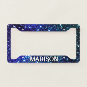 Whimsical iridescent blue Glitter monogram License Plate Frame