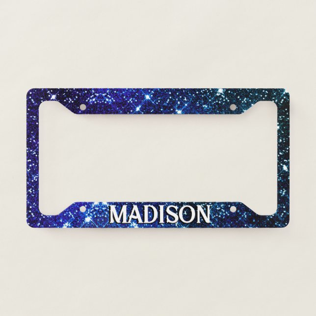 Whimsical iridescent blue Glitter monogram License Plate Frame (Front)
