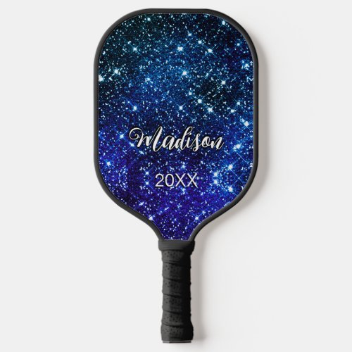 Whimsical iridescent blue Glitter monogram Pickleball Paddle