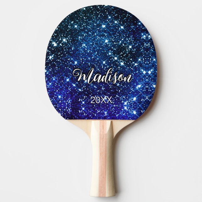Whimsical iridescent blue Glitter monogram Ping Pong Paddle (Front)